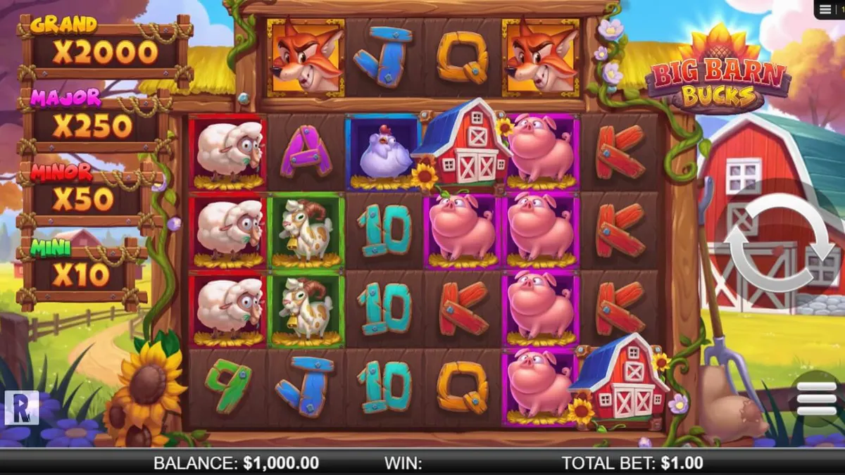 Tampilan visual slot Big Barn Bucks dengan tema peternakan yang ceria