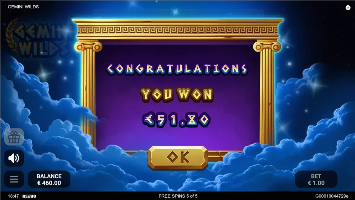 Tampilan visual slot Gemini Wilds dengan tema mitologi Yunani dan simbol bintang
